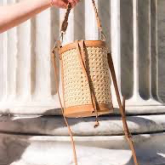 Tommy Bahama Handbags - Tommy Bahama Rattan Straw Canvas Circular Drawstring Crossbody Bucket Bag Tan
